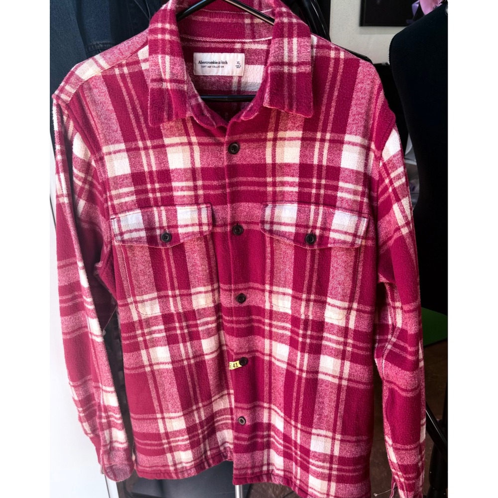 Abercrombie & Fitch Soft A&F Plaid Flannel Shirt XL Red Cream Button Up